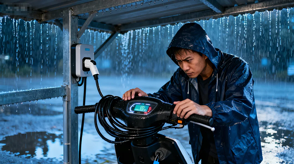 下雨天、电动车充电、安全注意事项、防水措施、漏电风险、充电设备检查、触电预防