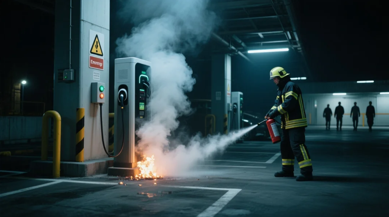 充电桩安全, 冒烟处理, 起火应急, 紧急步骤, 人身安全优先, 报警流程, 警戒设置
