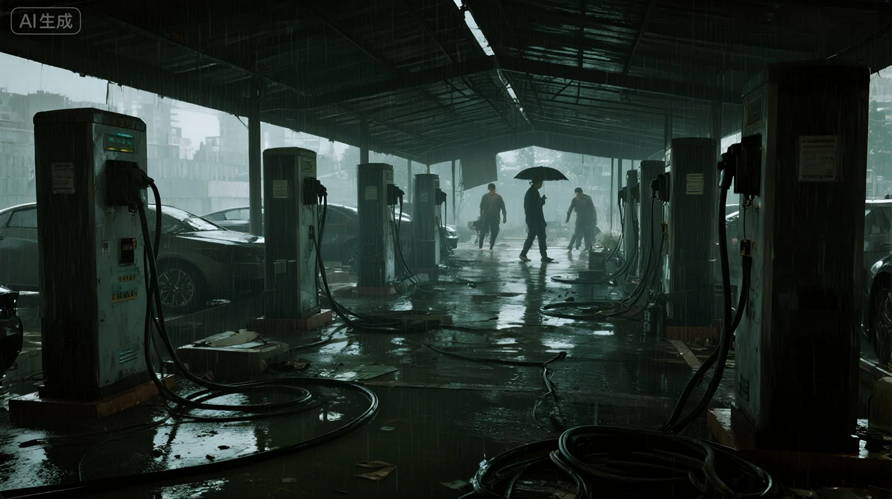 《雨棚配置率不足：暴雨天充电体验崩溃现场》